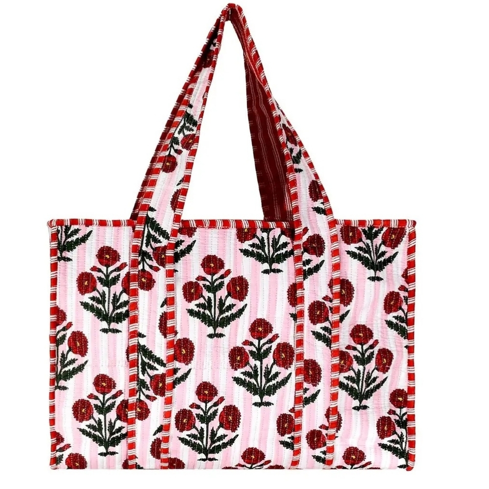 Floral Pink & Red Tote Bag with Striped Handles - Picture 2 of 2